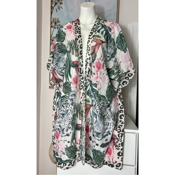 JC Sunny White Leopard Animal Lightweight Semi Sheer Kimono One Size 100% Cotton - Picture 4 of 7